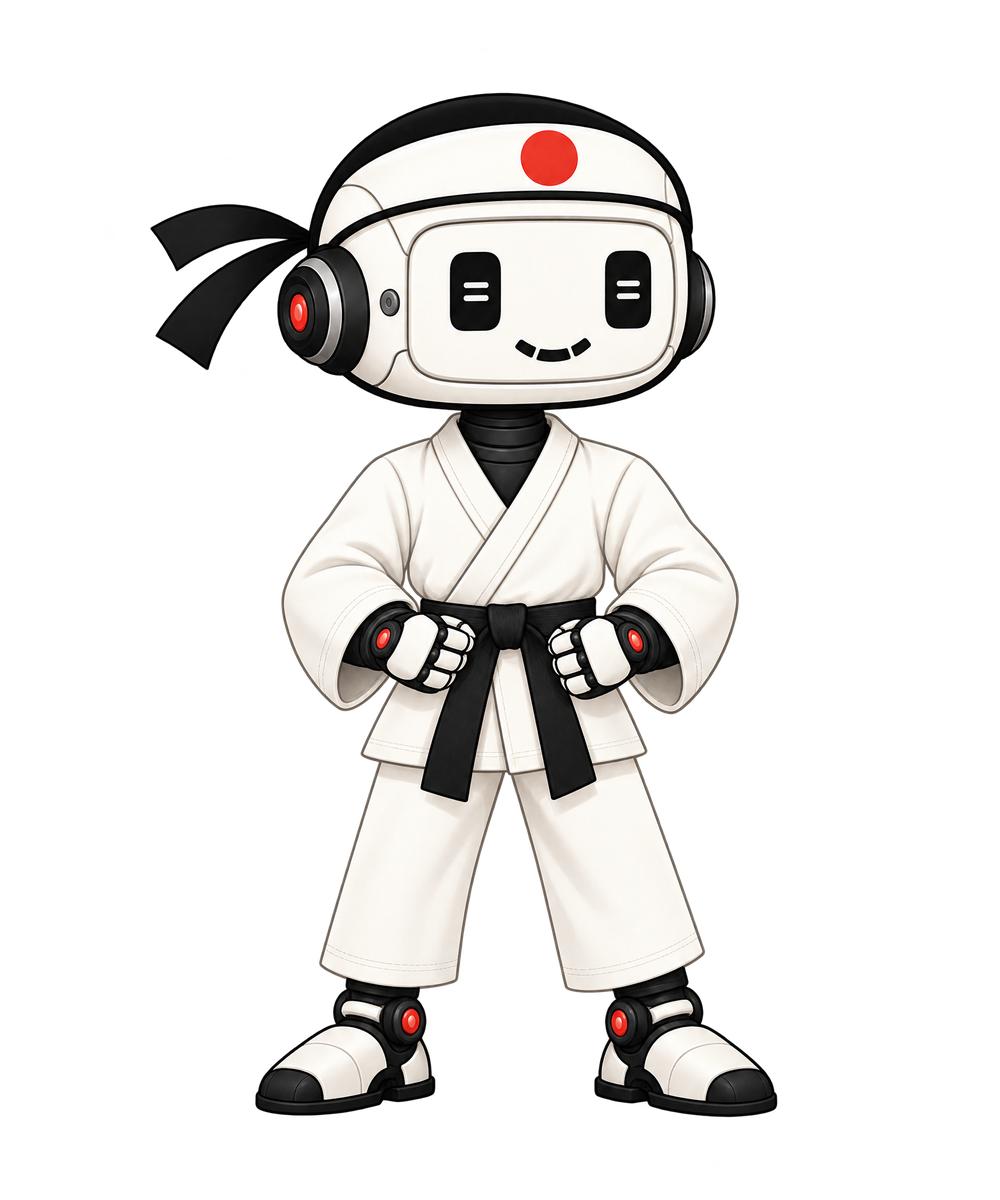 The robot sensei in a calm ready stance with fists at the belt