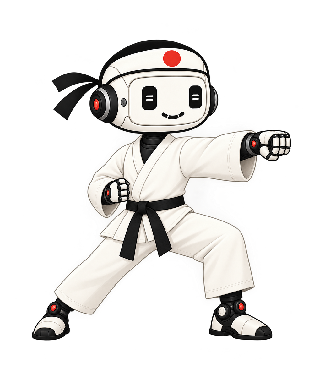 The robot sensei delivering a controlled straight punch in a front stance