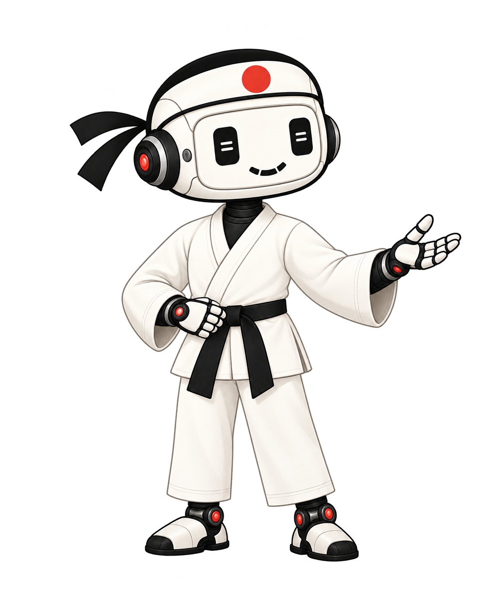The robot sensei teaching with an open, extended hand