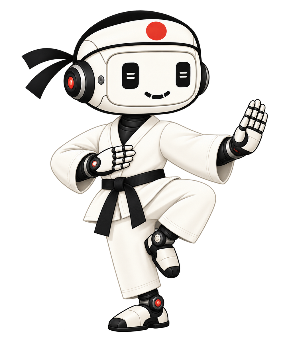 The robot sensei balanced in a crane stance with one palm raised
